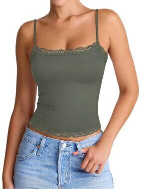 Women's Sexy Square Neck Lace Cami Tank Tops Fitted Double Lined Sleeveless - XL